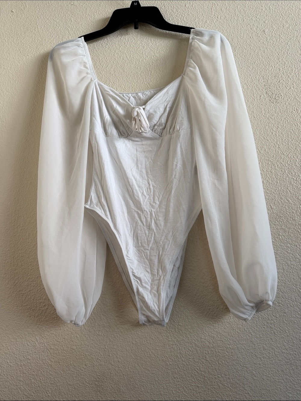 SHEIN White Puff Sleeve Tie-Front Bodysuit